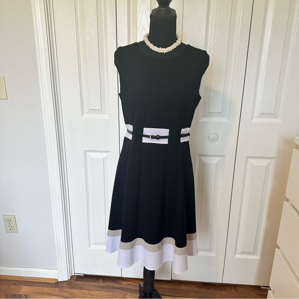 Calvin Klein Black&White Fit&Flare Dress Sleeveless Belted Knee Length Women 8P - Picture 2 of 13